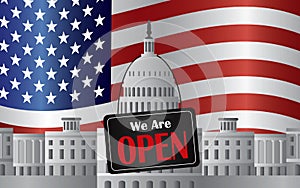 Washington DC Capitol with We Are Open Sign