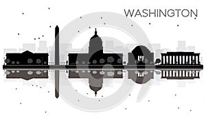Washington DC City skyline black and white silhouette with Reflections.