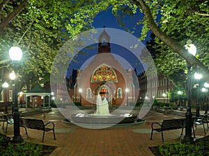 Washington DC, District of Columbia [United States US, Georgetown University at night, chapel and Healy Hall houses classrooms an