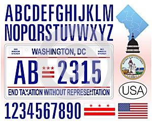 Washington DC license plate pattern with numbers, letters and symbols, USA