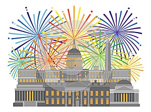 Washington DC Monuments Landmarks and Fireworks vector Illustration