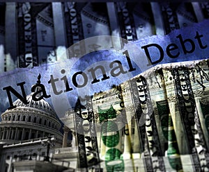 Washington DC National Debt text and hundred dollar bills