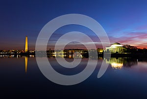 Washington DC panorama around Tidal Basin at dawn during cherry blossom in spring.