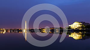 Washington DC panorama around Tidal Basin at sunrise during cherry blossom.