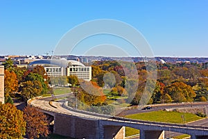 Washington DC panorama as seen from the Potomac River waterfront building in autumn.