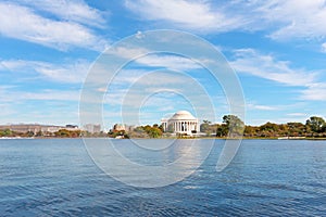 Washington DC panorama in autumn with Thomas Jefferson Memorial and Capitol Hill on horizon.
