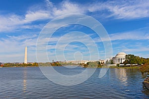 Washington DC panorama in autumn with Thomas Jefferson Memorial and Washington Monument.