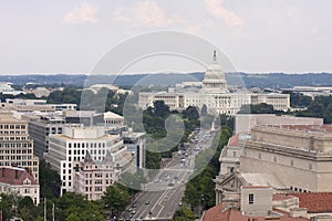 Washington DC, Pennsylvania Avenue, aerial view with federal buildings including US Capitol