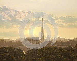 Washington DC skyline with sun and clouds in the morning