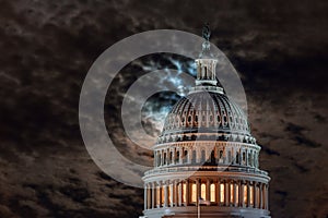 Washington DC United States Capitol Building dome detail and full moon at night