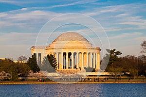 Washington, DC, USA - April 1, 2019: Jefferson memorial cherry blossom festival looking across Tidal Basin