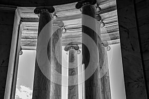 Washington DC, USA. Columns of Thomas Jefferson Memorial, close-up in black and white.