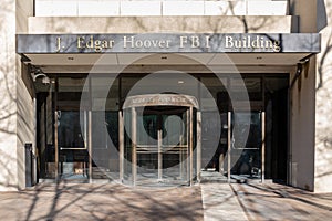 Washington, DC, USA- January 12, 2020: Sign of Federal Bureau of Investigation FBI headquarters building in Washington, DC, USA.