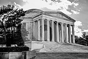 Washington DC, USA. Panoramic view of Thomas Jefferson Memorial, close-up in black and white.