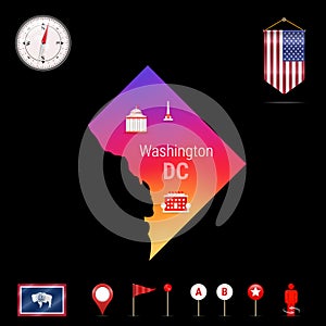 Washington, DC Vector Map, Night View. Compass Icon, Map Navigation Elements. Pennant Flag of the USA. Industries Icons