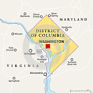 Washington, District of Columbia, capital of USA, political map