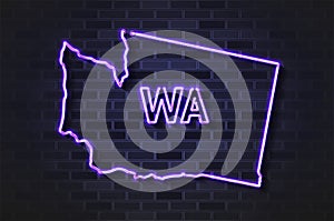 Washington map glowing neon lamp or glass tube on a black brick wall