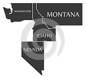 Washington - Montana - Idaho - Nevada Map labelled black