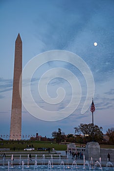 Washington Monument behind the Fountains of the World War II Memorial