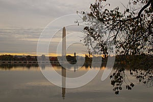 Washington Monument mirrored in the tidal basin in the fall at sunrise