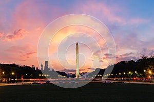 Washington monument at the national mall in the evening.