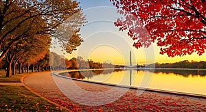 Washington monument reflected in tidal basin during vibrant autumn sunset