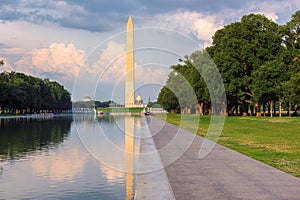 Washington Monument and Reflecting Pool at sunset, Washington DC.