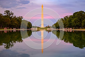 Washington Monument on the Reflecting Pool in Washington, D.C. at dusk