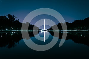 The Washington Monument reflecting in the Reflection Pool at night at the National Mall in Washington, DC.
