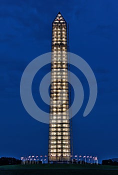 Washington Monument repair scaffolding illuminated