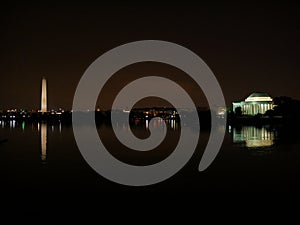 The Washington Monument and Thomas Jeffersion Memorial building at night