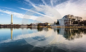 The Washington Monument and Thomas Jefferson Memorial reflecting