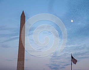 Washington Monument and US Flag at Dusk