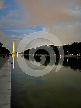 Washington Monument and Willow trees at dusk
