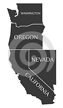 Washington - Oregon - Nevada - California Map labelled black