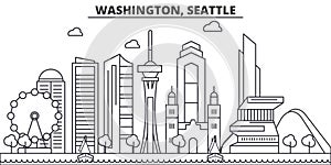 Washington, Seattle architecture line skyline illustration. Linear vector cityscape with famous landmarks, city sights