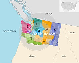 Washington state counties colored by congressional districts vector map with neighbouring states and terrotories