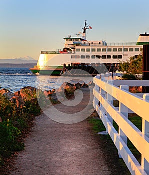 Washington State ferry during sunset.