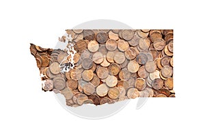 Washington State Map Outline and One Cent United States Money Concept, Piles of Coins, Pennies