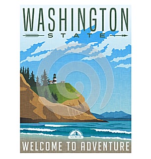 Washington State travel poster of rugged shoreline and lighthouse.