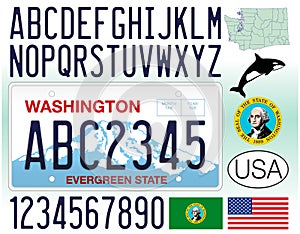 Washington US State car license plate, letters, numbers and symbols, USA