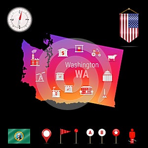 Washington Vector Map, Night View. Compass Icon, Map Navigation Elements. Pennant Flag of the USA. Industries Icons