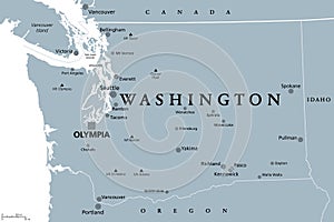 Washington, WA, gray political map, US state, The Evergreen State