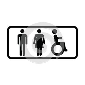 Washroom symbol vector icon with man, woman and disabled person on wheelchair symbol in a glyph pictogram
