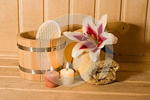 Washtub with candles and flower