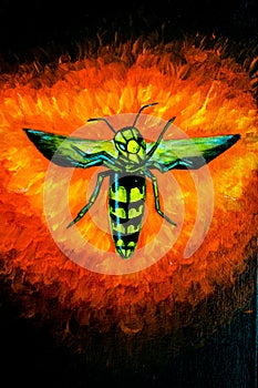 Wasp on the background of fire, acrylic illustration. art Director.