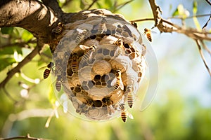 Wasp nest with wasps and larvae hangs on a tree branch