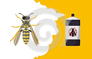 Wasp repellent aerosol. Insect repellent banner concept. Pest, insect and bug control spray bottle. Cartoon fly