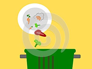 Wast food in to bin ,illustration .