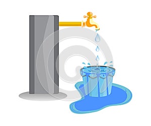 Wastage of water theme. Wastage of water from running tap as bucket is overflow with the water. Wastage of water drop from